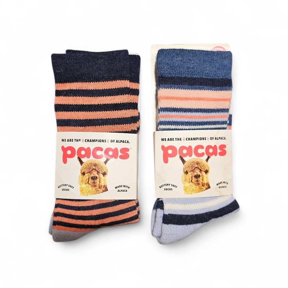 NWT Pacas Women's Crew Socks S/M (5-8) Striped Alpaca Socks - Navy and orange